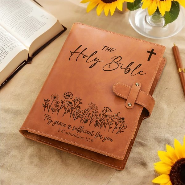 Personalized The Holy Bible Flower Portable A5 PU Leather Notebook Cover with Text and Pocket Birthday Inspirational Gift for Christian