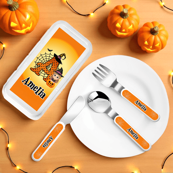 Personalizzato carino personaggio dei cartoni animati ragnatela bambino forchetta cucchiaio coltello 3 pezzi posate con nome Halloween regalo di partito per i bambini
