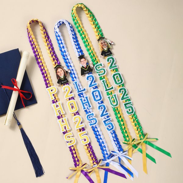 Personalised Cartoon Character Face Photo Bow Two-Coloured Braided Ribbon Lei with Name Year and School Graduation Gift for Graduates