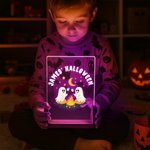 Personalized Ghost Campfire Acrylic LED Night Light with Text and Wooden Base Adjustable 7 Lights Desk Decor Happy Halloween Gift for Family Friend