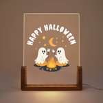 Personalized Ghost Campfire Acrylic LED Night Light with Text and Wooden Base Adjustable 7 Lights Desk Decor Happy Halloween Gift for Family Friend