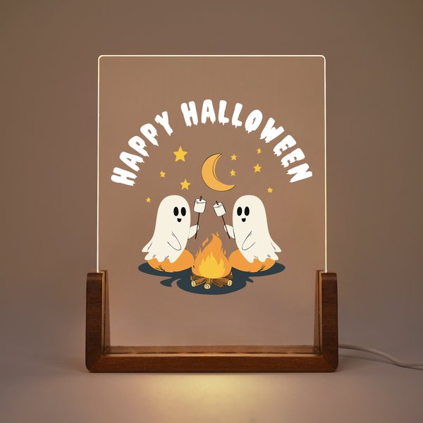 Personalized Ghost Campfire Acrylic LED Night Light with Text and Wooden Base Adjustable 7 Lights Desk Decor Happy Halloween Gift for Family Friend