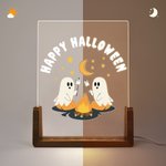 Personalized Ghost Campfire Acrylic LED Night Light with Text and Wooden Base Adjustable 7 Lights Desk Decor Happy Halloween Gift for Family Friend