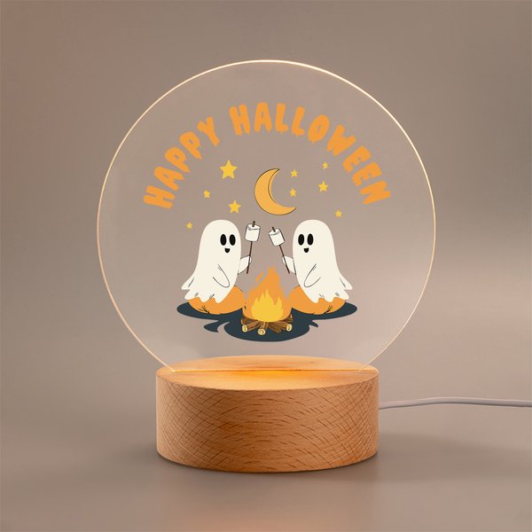 Personlig söt spöke Halloween akryl nattlampa med träbas och text Halloween present till vän familj