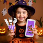 Spersonalizowany zestaw sztućców dla dzieci Widelec Łyżka Nóż 3 szt. z imieniem Śliczna postać z kreskówki Pajęcza sieć Prezent na Halloween dla dzieci