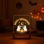 Personalized Ghost Campfire Acrylic LED Night Light with Text and Wooden Base Adjustable 7 Lights Desk Decor Happy Halloween Gift for Family Friend
