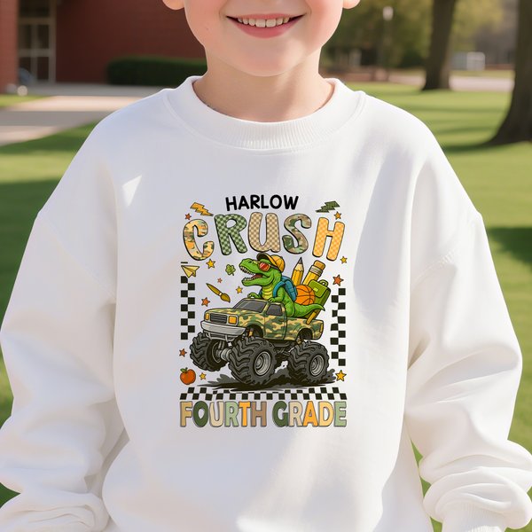 Personalized Dinosaur Grid Truck Multicolor T-shirt Sweatshirt Hoodie with Grade and Name Back to School Birthday Gift for Boys Girls