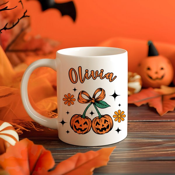Tasse en céramique personnalisée Cherry Pumpkin 11 oz 15 oz avec nom Utilisation quotidienne Décorations d'Halloween Cadeau pour la famille Amis