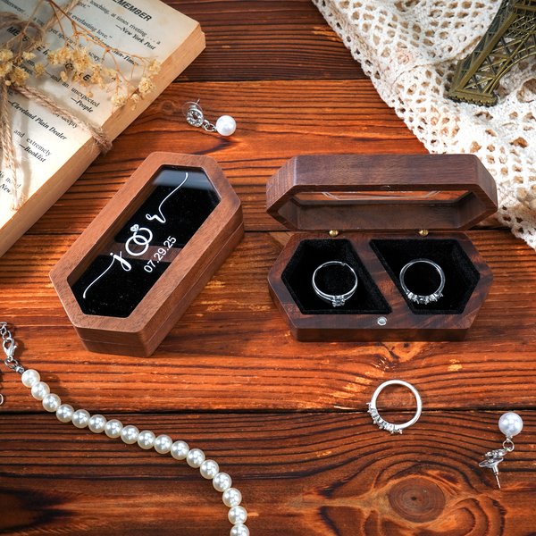 Personalised Flower Long Hexagon Wooden Ring Box with Name and Double Slots Wedding Engagement Proposal Keepsake Gift for Newlyweds
