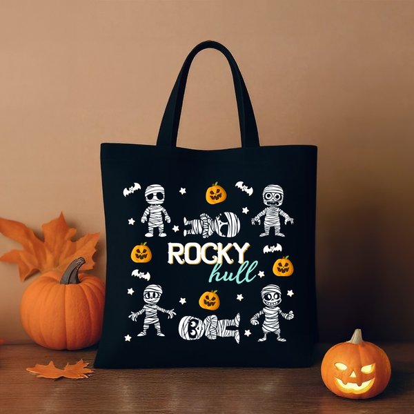 Personalised Dancing Mummy Pumpkin Canvas Canvas Bag with Name and Surname Reusable Accessories Halloween Gift for Kids Family Friends