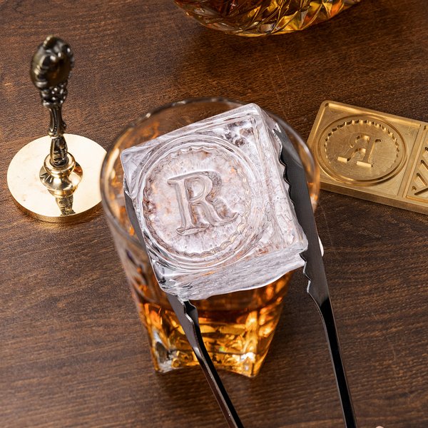 Personalised Engraved Monogram Whiskey Ice Cube Mold Tray with Stamp and Tong Bar Accessory Party Birthday Anniversary Gift for Bartender Men