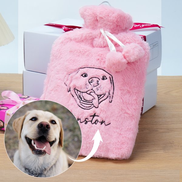 Personalised Embroidered Pet Photo Hot Water Bottle with Name and Soft Cover Winter Essential Birthday Christmas Gift for Pet Lover Family Friend