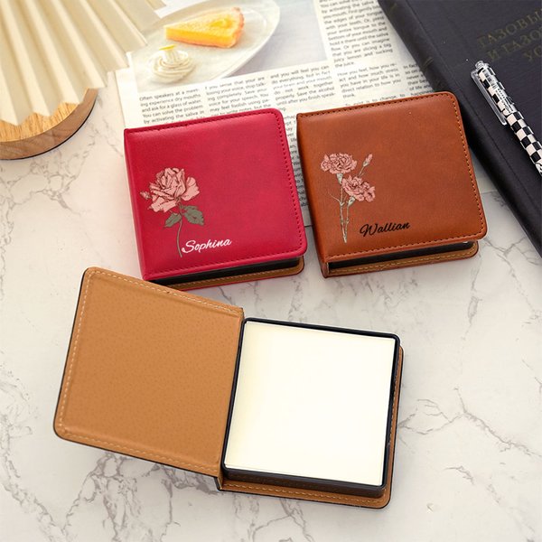 Personalisierte Geburt Blume PU Leder Classic Sticky Notepad Halter mit Namen Schreibtisch Veranstalter Geburtstag Büro Geschenk für Kollegen Familie Freunde