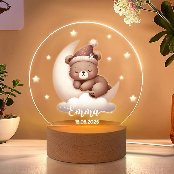 Luce notturna personalizzata con nome, data, luna, stelle e animali, decor per cameretta - Regalo per compleanni e baby shower per bambini