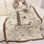 Personalizada Flor Rústica Toile De Jouy Suave Manta de Borlas con Nombre e Inicial Uso Diario Decoración del Hogar Cumpleaños Aniversario Regalo para Familia Amigo