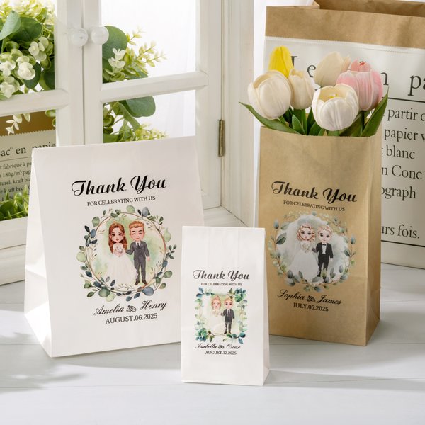 Gepersonaliseerd Cartoon Bruid en Bruidegom Food-Grade papier traktatie zakken met naam Set van 10 bruiloft Favor Decor voor bruidspaar gast pasgetrouwde