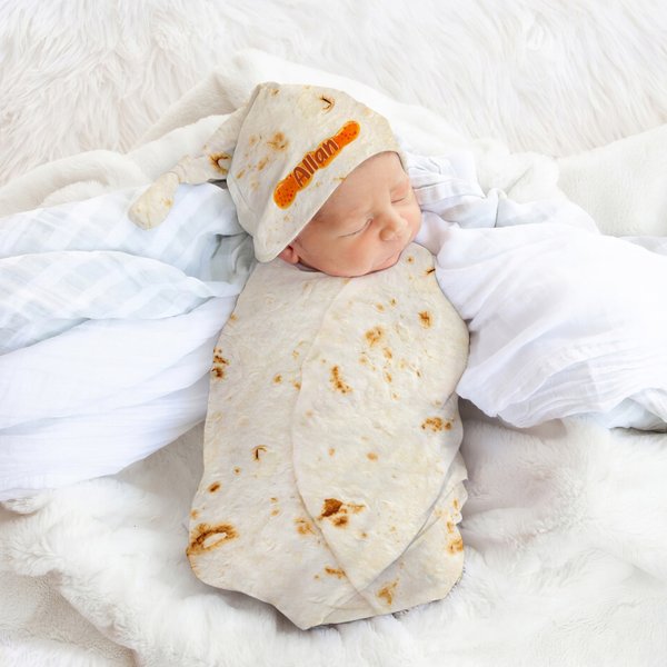 Personalised Tortilla Swaddle Blanket and Knot Hat Set with Name Birthday Baby Shower Gift for Newborns Babies