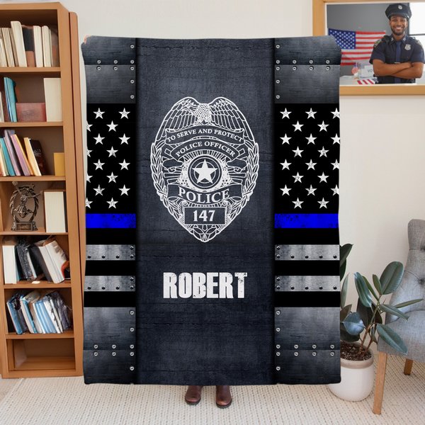 Personalised Thin Blue Line Flag Badge Soft Throw Blanket with Name Home Decor Graduation Birthday Gift for Police Officer Graduates