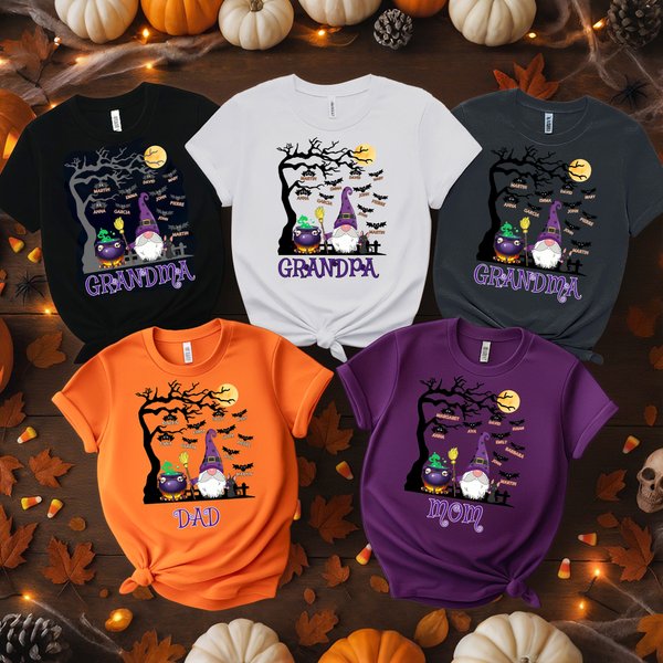Personalised Old Wizard Bat Multicolour 100% Cutton T-shirt with Title and 1-10 Names Halloween Costume Holiday Gift for Family Friends