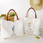 Personalized Birth Flower Time Canvas Tote Bag with Name and  PU Leather Handle Wedding Party Birthday Gift for Women