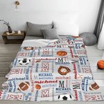 Personalised Basketball Soccer Rugby Word Cloud Soft Throw Blanket with Multiple Names and Initials Room Decor Birthday Gift for Boys