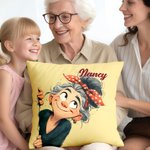 Housse de coussin personnalisée en forme de dessin animé de grand-mère avec nom Décoration d'intérieur Anniversaire Noël Cadeau pour Maman Grand-mère