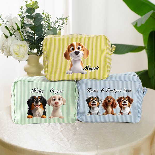 Personalized Cute 1-3 Cartoon Dogs Multicolour Stripes Makeup Bag with Name and Zipper Travel Essentials Birthday Gift for Pet Lovers Friends