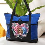 Borsa tote con cerniera personalizzata con personaggio nome e corona floreale a cuore accessorio da viaggio regalo di compleanno per amici e famiglia