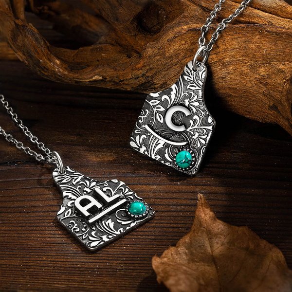 Collar personalizado de la marca de la etiqueta del oído de la vaca de la vendimia de la turquesa con el regalo grabado del cumpleaños del texto para el amante del ganado de la vaca