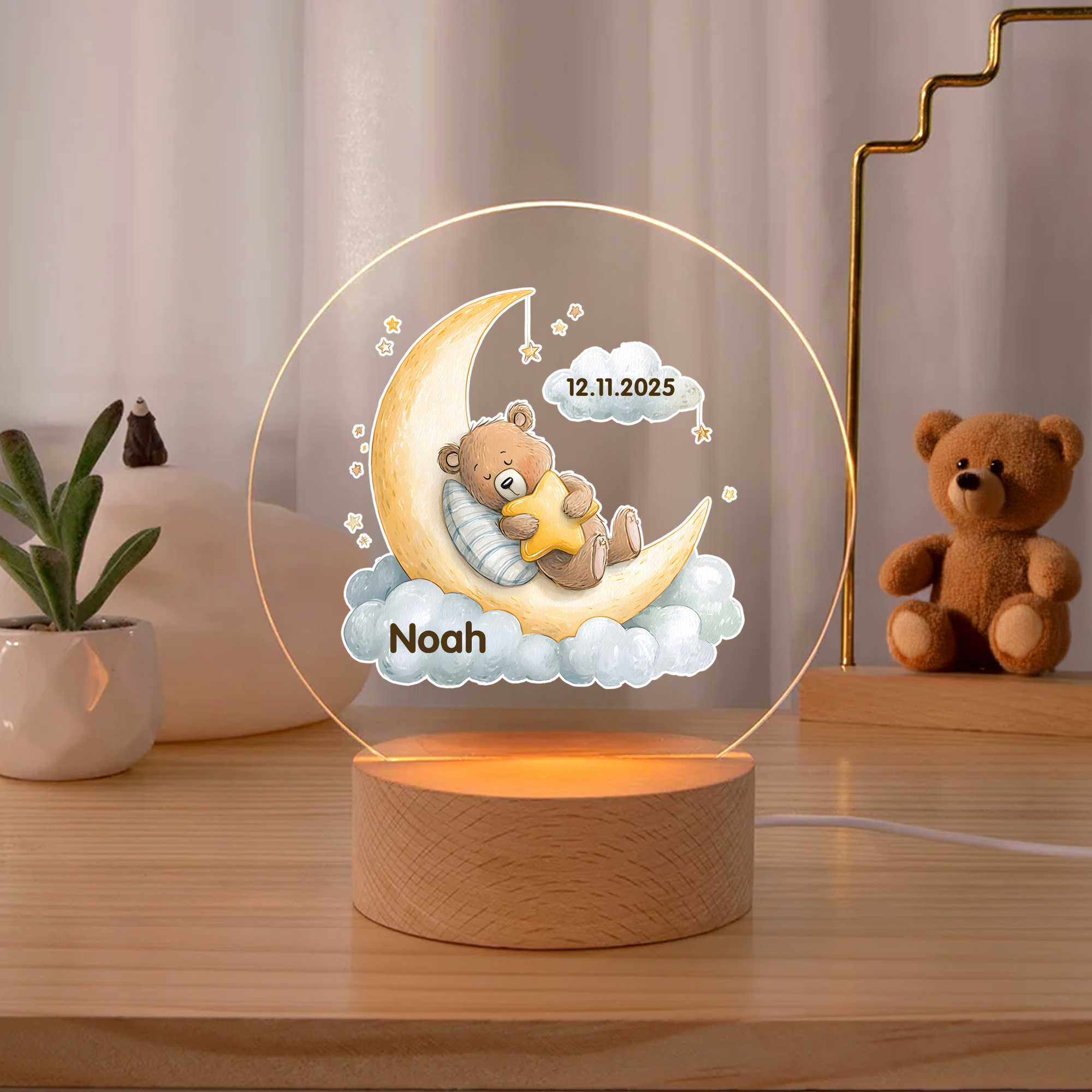 Personalisiertes Mond Sterne Niedliche-Tiere LED-Nachtlicht mit Namen Datum und Holzsockel Kinderzimmer Deko Geburtstag Baby Party Geschenk für Kinder