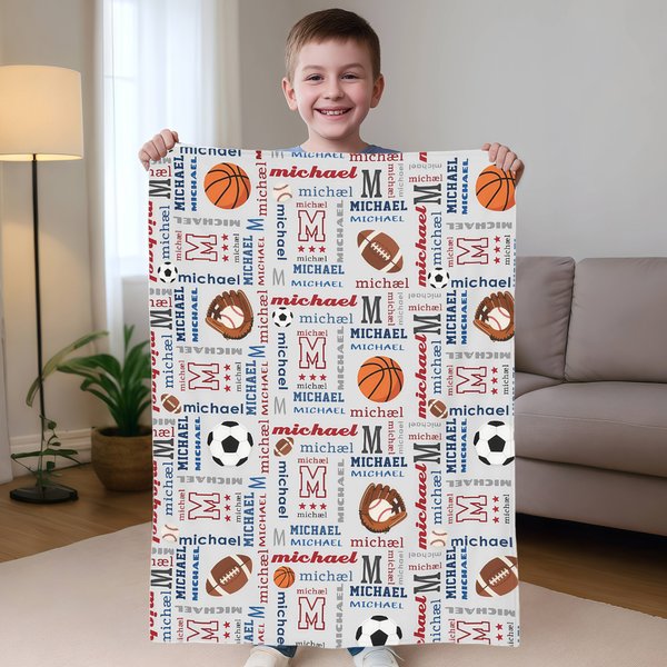 Personalised Basketball Soccer Rugby Word Cloud Soft Throw Blanket with Multiple Names and Initials Room Decor Birthday Gift for Boys