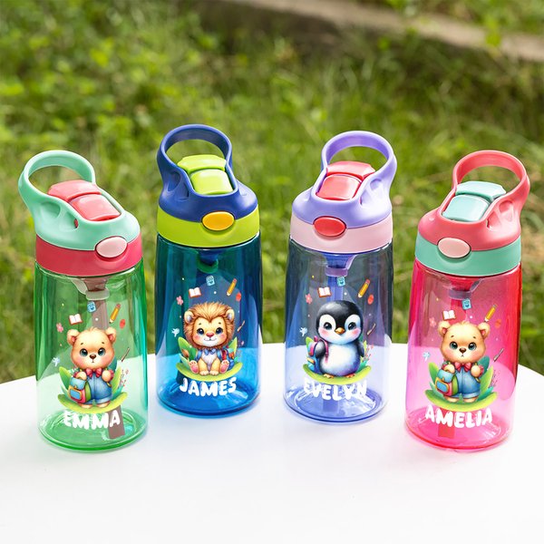 Gourde 475 ml Personnalisée avec Motifs Ours Lion Animaux et Nom avec Paille et Anse Cadeau Anniversaire Rentrée Scolaire pour Enfants