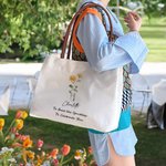 Personalized Birth Flower Time Canvas Tote Bag with Name and  PU Leather Handle Wedding Party Birthday Gift for Women