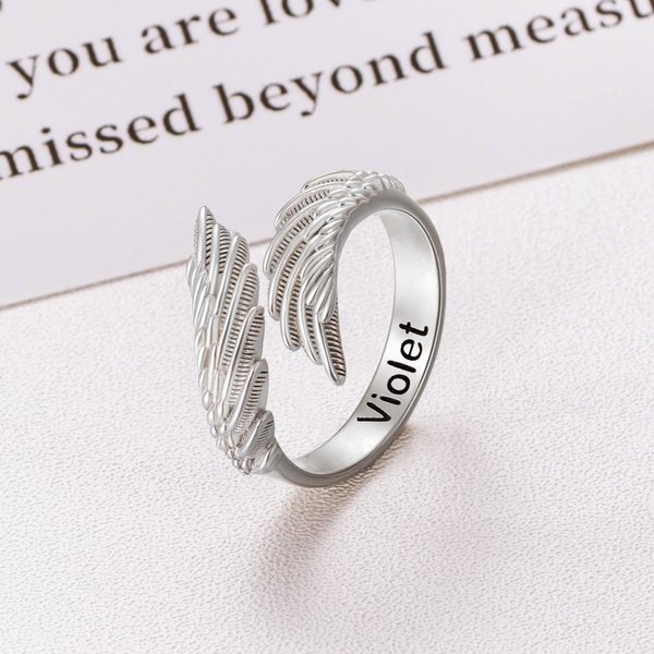 Personalizado Ángel de la Guarda Alas Ajustable Abierto Anillo con Nombre Grabado Memorial Regalo para Amigos de la Familia