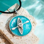Personalised Kayak Blue Lake Round Resin Necklace with Rotate Paddle and Engraved Initial Inspirational Jewellery Gift for Kayaking Enthusiasts Kayaker