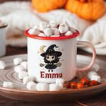 Tasse en Émail 355 ml Personnalisé avec Nom et Motif de Sorcière Mignonne Cadeau Halloween pour Enfant