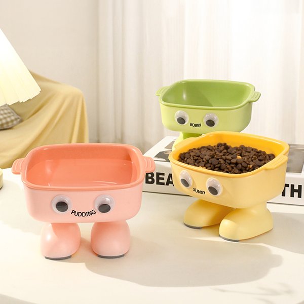 Ciotola personalizzata per animali domestici con gambe alte e robot dagli occhi grandi con nome Regalo di compleanno essenziale per chi ama gli animali domestici
