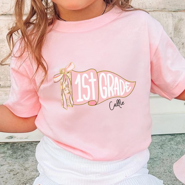 Personalized Pennant Flag Floral Bow Design Soft 100% Cotton T-shirt with Name and Grade Birthday Back to School Gift for Girls Teachers