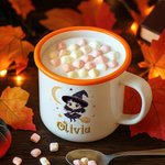 Tasse en Émail 355 ml Personnalisé avec Nom et Motif de Sorcière Mignonne Cadeau Halloween pour Enfant