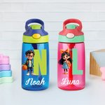 Personalised Cartoon Character 16 oz Kid Water Bottle with Name and Initial Outdoor Activities Birthday Christmas Back to School Gift for Kids