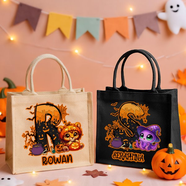 Bolsa de gran capacidad personalizada con la inicial y el nombre de un simpático animal de Halloween Truco o trato Fiesta Regalo para la familia Niños