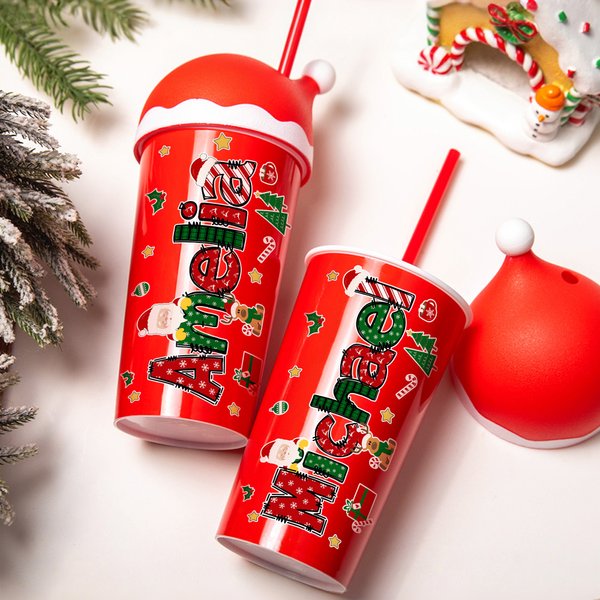 Personligt julelement 20 oz plastvattenflaska med sugrör och namn Julklapp till barn
