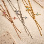 Personalised Four-Pointed Star Pendant Double Chain Necklace with Birthstone Dainty Family Jewellery Birthday Anniversary Gift for Women