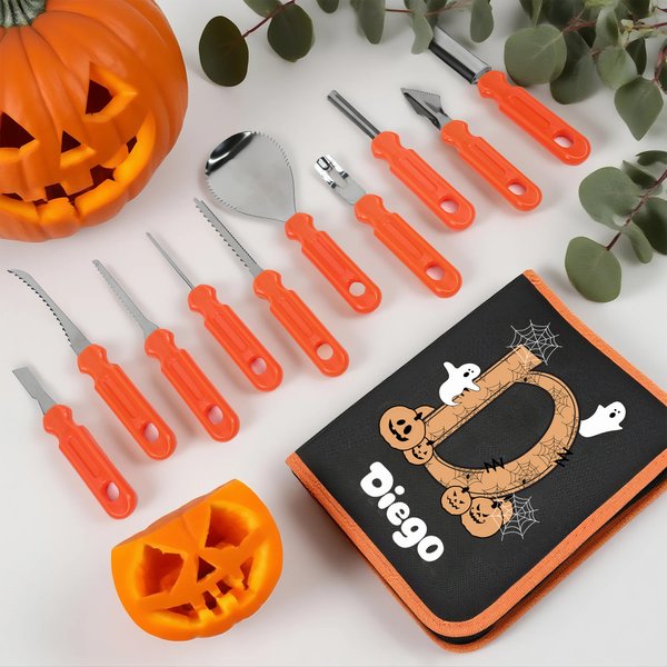 Set de 11 Outils de Sculpture Personnalisés avec Initiale Fantôme et Nom pour Citrouilles d’Halloween Cadeau pour Famille et Enfants