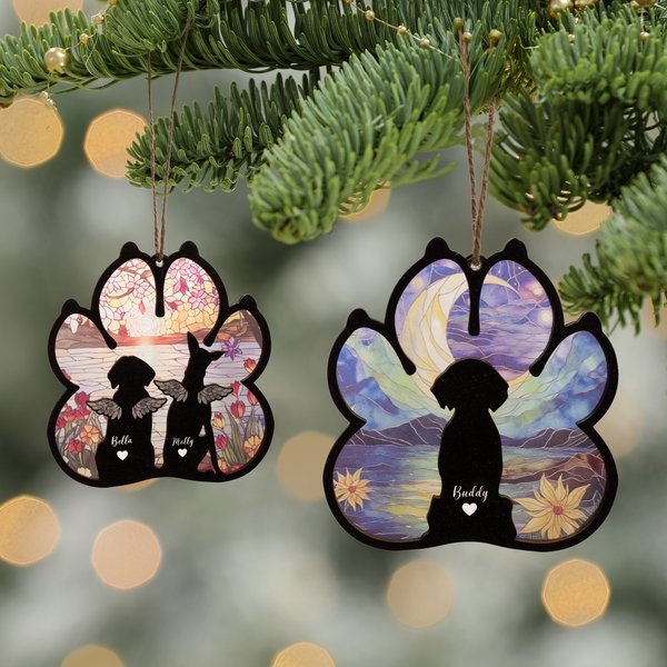 Personalised Dog Silhouette Paw Shape Window Hanging Suncatcher Christmas Ornament with Names Sympathy Memorial Remembrance Gift for Dog Lovers