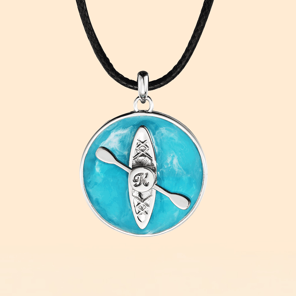 Personalised Kayak Blue Lake Round Resin Necklace with Rotate Paddle and Engraved Initial Inspirational Jewellery Gift for Kayaking Enthusiasts Kayaker