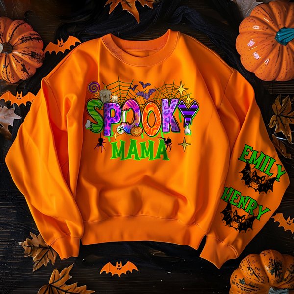 Personalised Cute Halloween Spider Bat Spooky MAMA Soft Sweatshirt with 1-6 Names and Title Birthday Holiday Halloween Gift for Mom Grandma