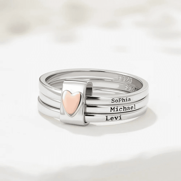 Personalized Sterling Silver Heart Stacking Rings with Engraved 2-5 Names, Family Jewelry, Mother's Day/Birthday Gift for Mom/Grandma/Her