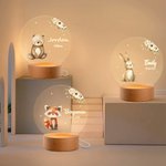 Personalizada Floral Oso Conejo Animal LED Luz de Noche con Nombre y Base de Madera Guardería Decoración del Hogar Baby Shower Regalo de Cumpleaños para Bebé Niño