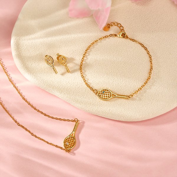 Personlig Tennisboll Racket Födelsesten Armband Stud Earrings Halsband Set Dainty Smycken Kreativ Födelsedag Game Day Present för Tennisspelare Kvinnor